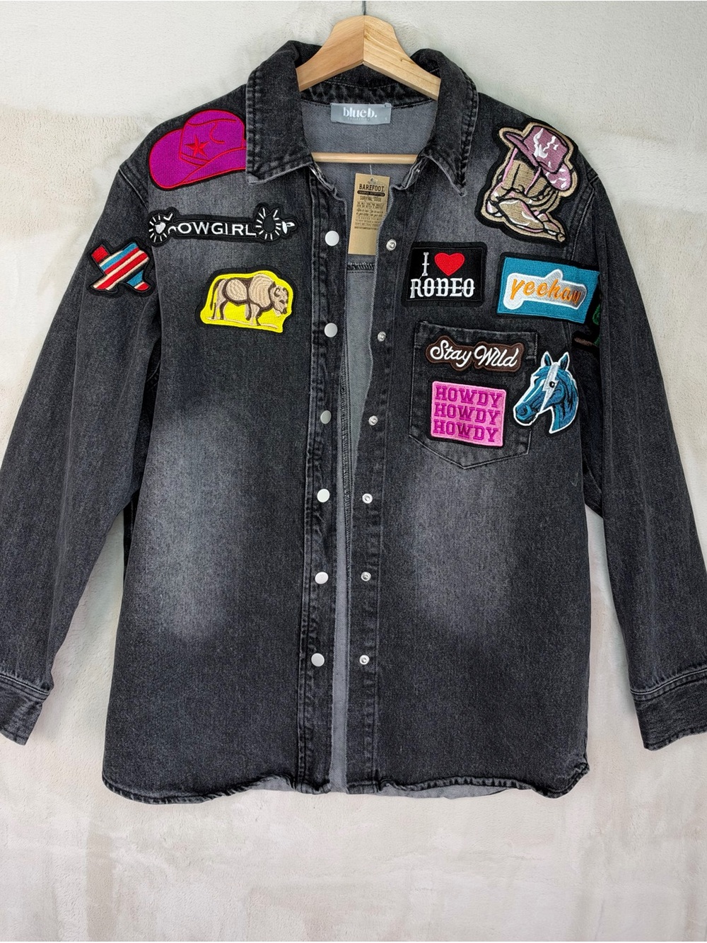 Charcoal Embroidered Patch Denim Jacket Texas Cowgirl Rodeo